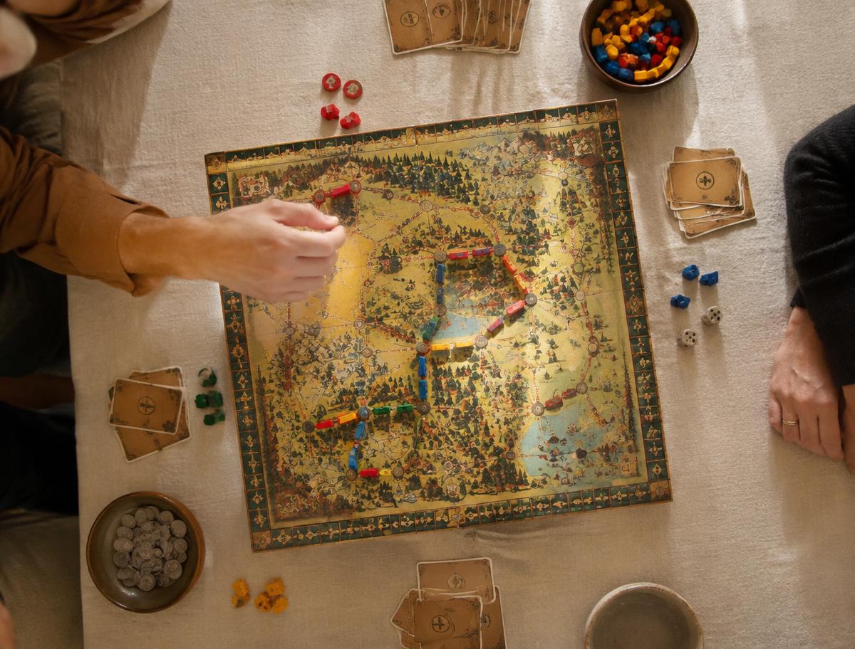 Bovenaanzicht van volwassenen die een bordspel spelen met houten pionnen en kaarten