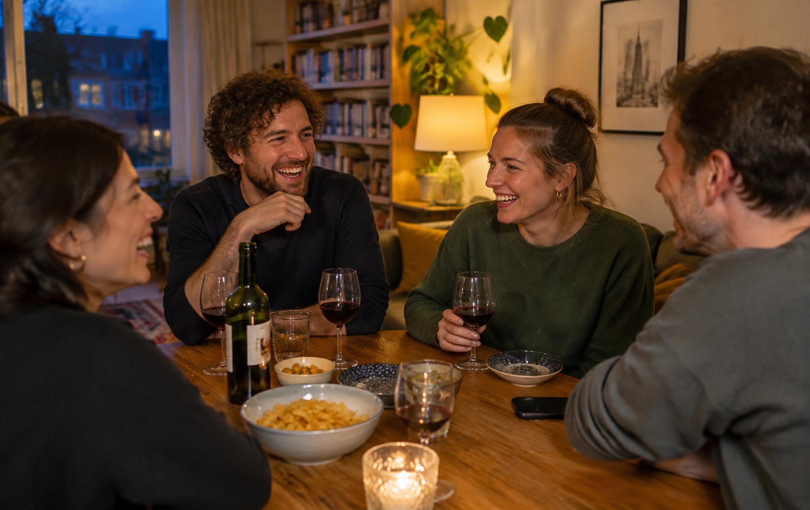 Vier volwassen vrienden lachen samen aan een houten tafel in een warme woonkamer