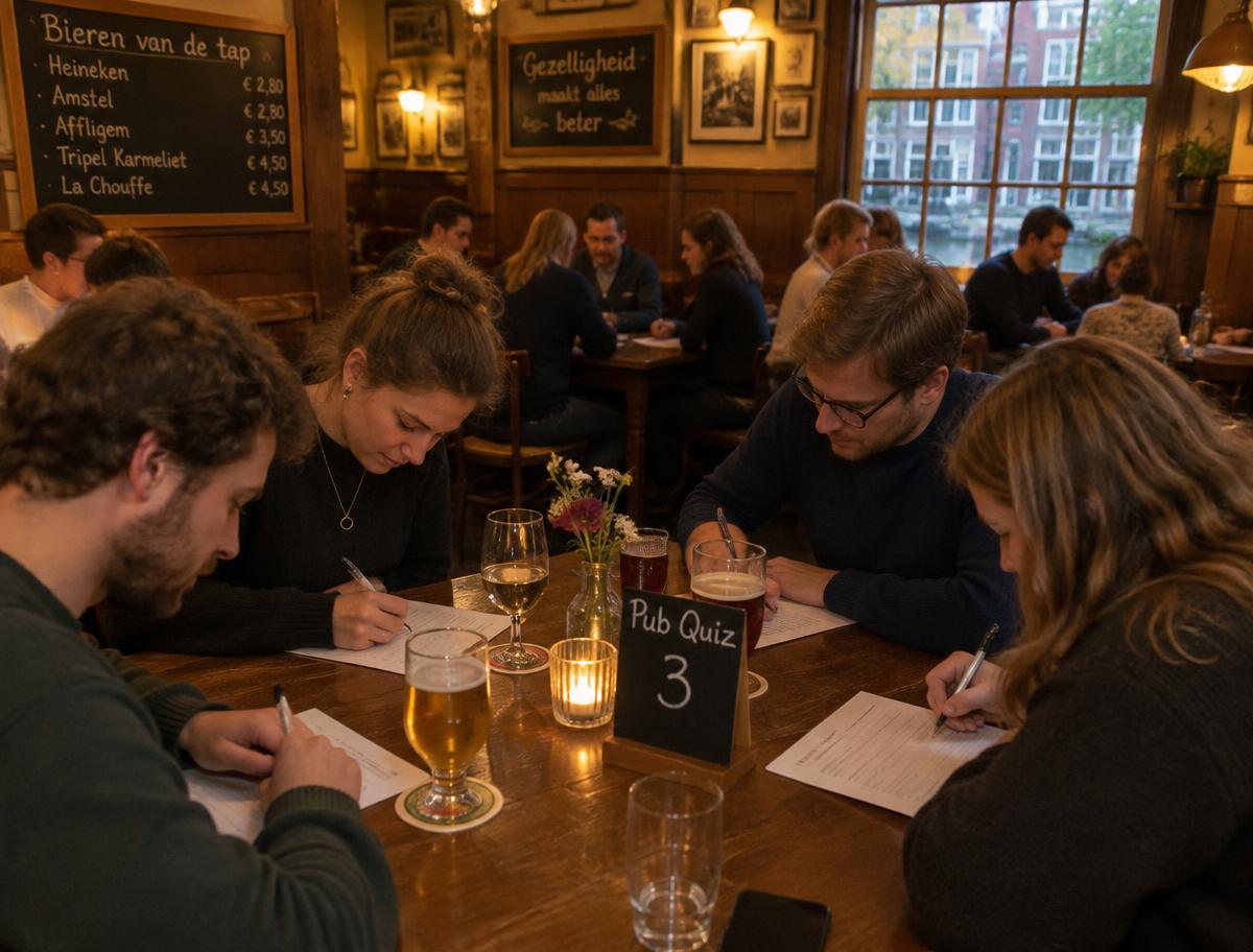 Mensen vullen antwoordformulieren in tijdens een pubquiz in een bruin café