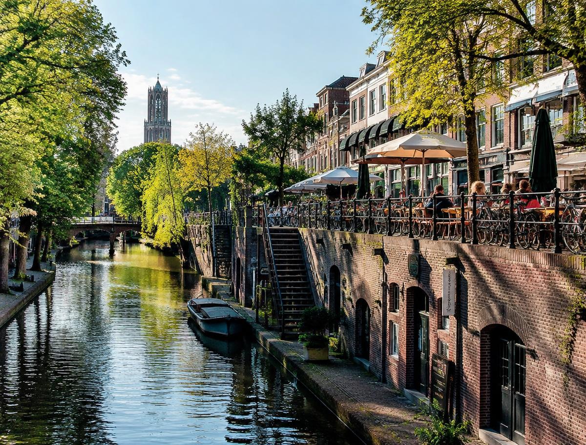 Utrechtse werfkelders aan de Oudegracht met terrassen en de Domtoren